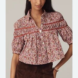 Anthropologie Red Floral Blouse with Puff Sleeves